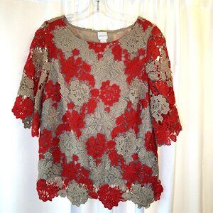 Women's Chico's Tan & Red Floral Crochet/Lace‎ Lined Short Sleeve Blouse Size 0